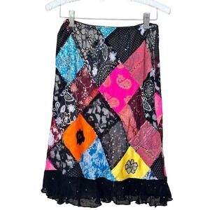 Fashion Spy! multicolor patchwork nylon/rayon skirt, small, Y2K, retro, colorful